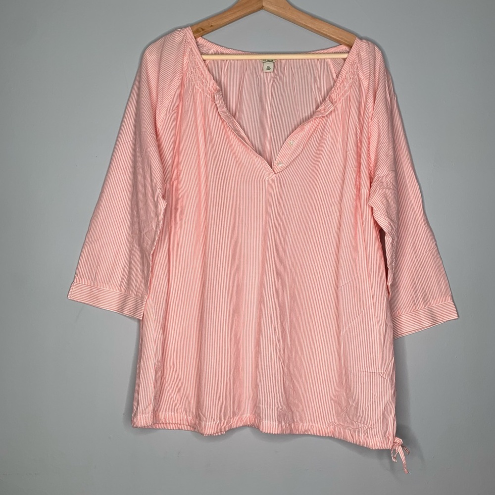 L. L. Bean Pink Striped Peasant Blouse Shirred XL